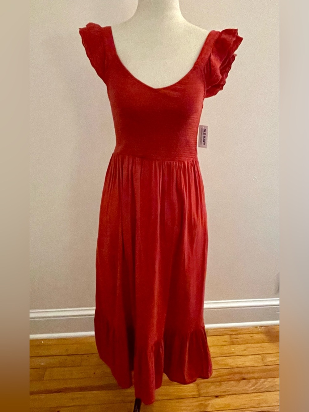 NWT Old Navy Red Smocked Midi Dress Lace Flutter Sleeves XS